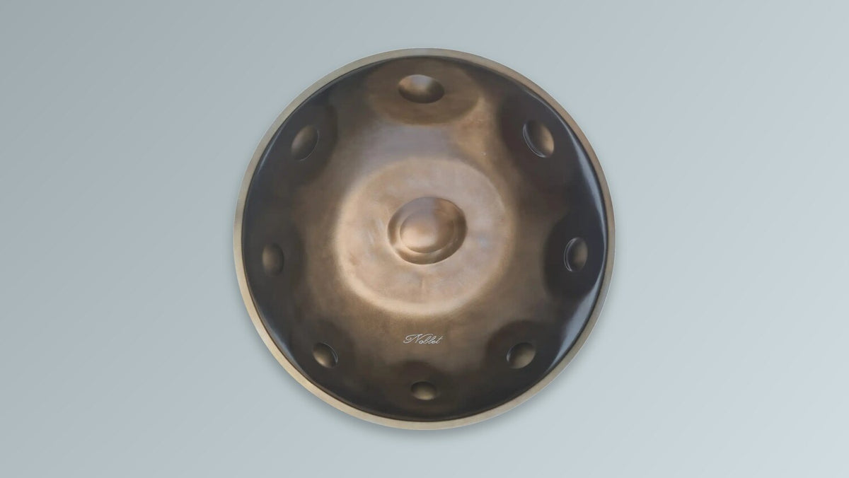 A Noblet handpan made of Ember Steel, seen from above.
